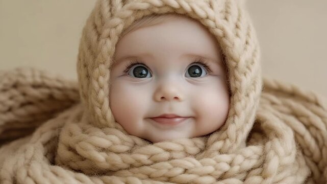 A happy baby wrapped in a knit scarf smiles in four different close-up shots. The setting is indoors with soft lighting. This shows the joy and curiosity of a young child