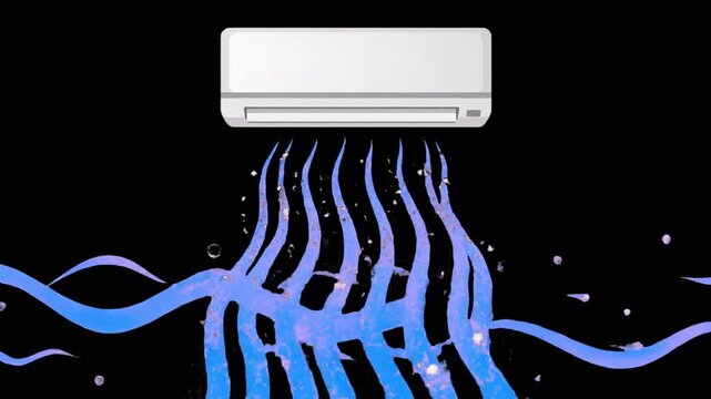 A 2D animated white split-system air conditioner unit blowing deep blue stylized cold air waves downwards. This loopable flat vector graphic clearly displays cooling performance, ideal for HVAC repair