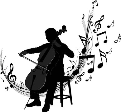Silhouette of a Cellist Playing Music with Notes Flowing.