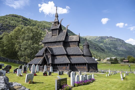 Borgund Stave Church and cemetery, Romanesque church from c. 1180, Vestland, Norway
