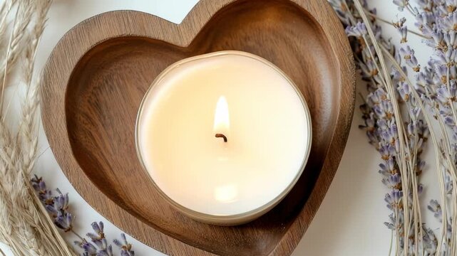 A warm candle sits in a wooden heart dish surrounded by dried lavender. This setup is part of simple home decor, creating a cozy and inviting space. It showcases a calm atmosphere