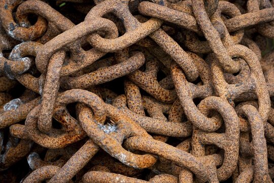Rusty chain links of an anchor chain, Siglufj&ouml;r&eth;ur, Nor&eth;urland eystra, Iceland