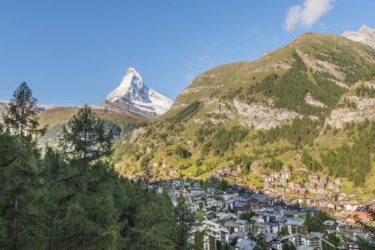 Snow-covered Matterhorn, view of Zermatt, Valais, Switzerland