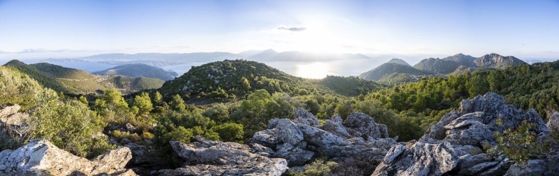 Volcanic peninsula Methana, view over the sea and landscape with mountains and extinct volcanoes, Saronic Gulf, Peloponnese, Greece