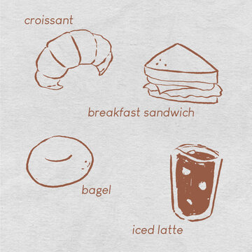 Handdrawn food and beverage vector illustration set for cafe bakery | vintage retro paper texture style