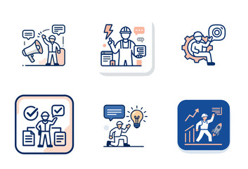 Fototapeta premium Construction worker copywriting idea: Amplifying inspiration and growth for persuasive content strategies, detailed flat vector set concept.