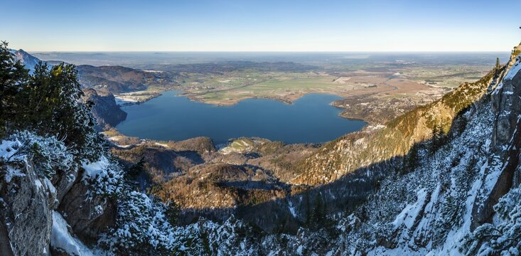 Panorama, view from Jochberg to Lake Kochel in winter with snow, Alpine foothills, Upper Bavaria, Bavaria, Germany