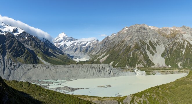 View of Hooker Valley with Mueller Lake, Hooker Lake and Mount Cook, Sealy Tarns Track, Hooker Valley, Mount Cook National Park, Southern Alps, Canterbury, South Island, New Zealand