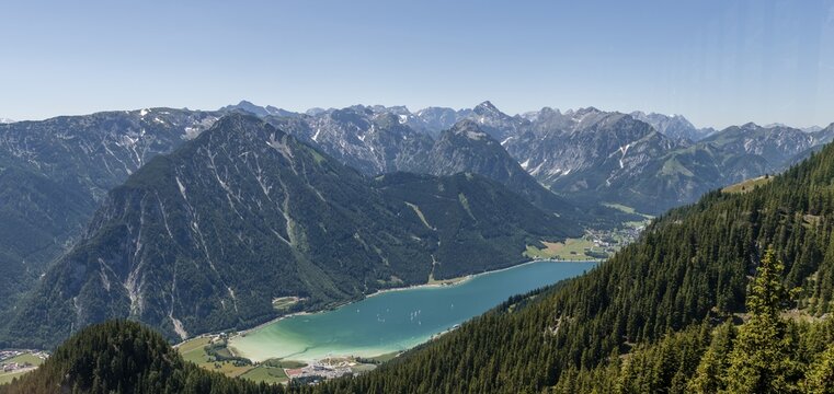 View to Lake Achen, Seebergspitze and Seekarspitze, from the Rofanbahn, Tyrol, Austria