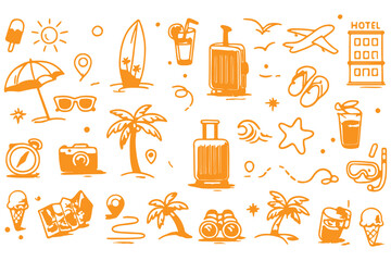 Summer beach icon element set. Hand drawn doodle sketch with sun, sea, travel vacation holiday trip. Cute beach icon elements with sunglasses umbrella palm camera suitcase. Vector illustration © Top