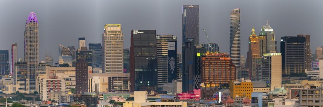 Sunset panorama of Golden Mount, skyline with numerous high-rise buildings, Bangkok, Thailand