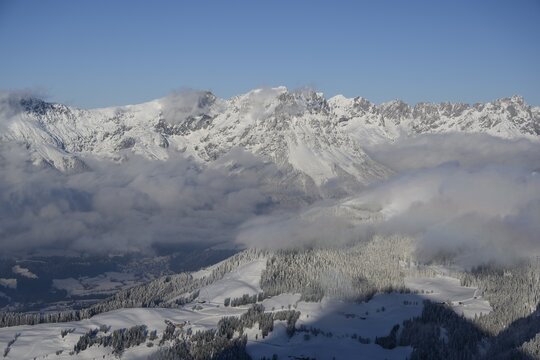 View from the summit of the Hohe Salve to the snowy Wilder Kaiser, Kitzb&uuml;hel Alps, Tyrol, Austria