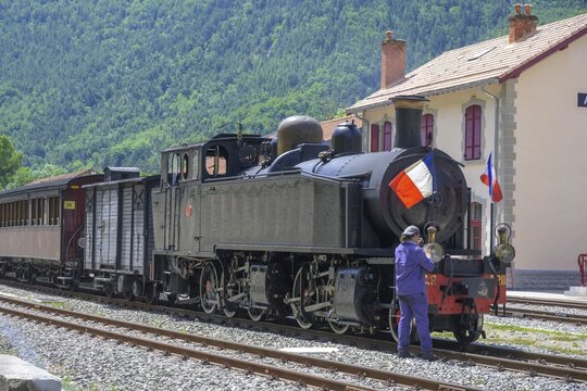 Historic train with steam locomotive at Annot station, Alpes-de-Haute-Provence, France