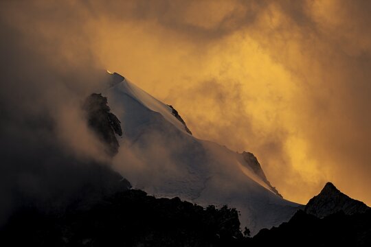 Detail of the Bianco Ridge in Bernina Group at sunset, St Moritz, Engadin, Grisons, Switzerland