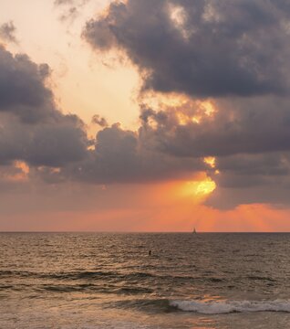 Red sunset over the sea, Tel Aviv, Israel