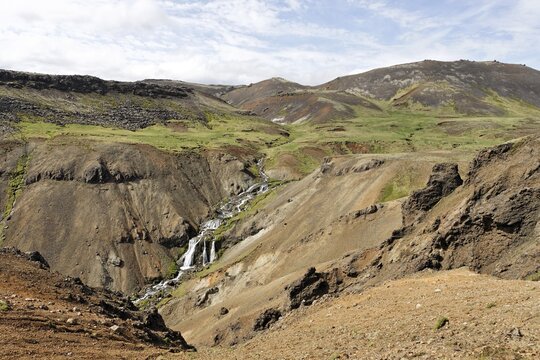 Waterfalls at Reykjadals&aacute; Gorge, Hverager&eth;i, Iceland, Atlantic Ocean