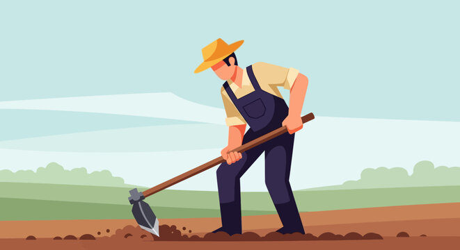 Farmer working in field with hoe, cultivating soil for planting crops.
