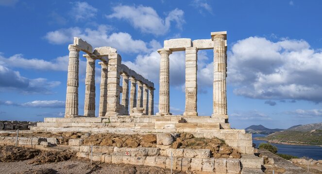 Ruin and columns of the ancient Temple of Poseidon, Cape Sounion, Attica, Greece
