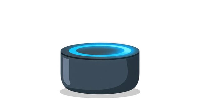 A 2D animated smart home speaker assistant sitting on a clean white background. The blue LED status ring glows and pulses, representing voice recognition, AI assistant activation, or music playback in