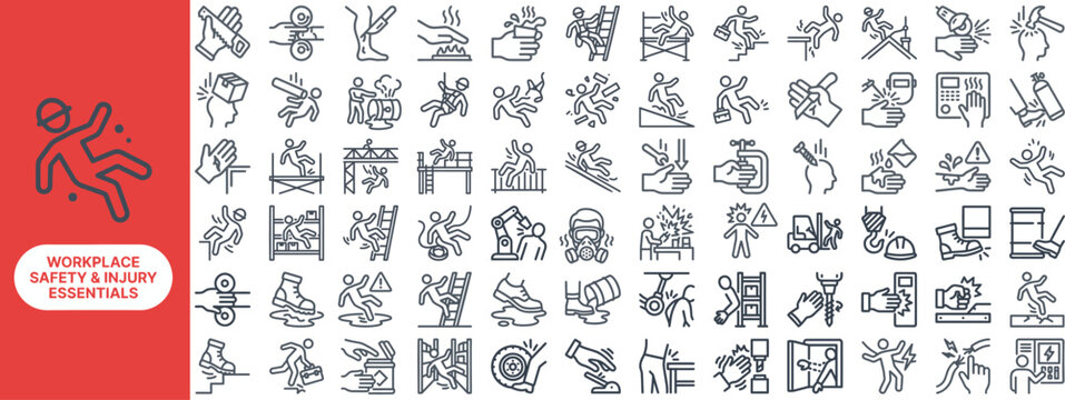 Workplace Safety and Injury outline icon set. Featuring safety helmet, slip warning, first aid kit, fall hazard, and goggles symbols. Editable stroke vector icons for HSE apps and safety training.