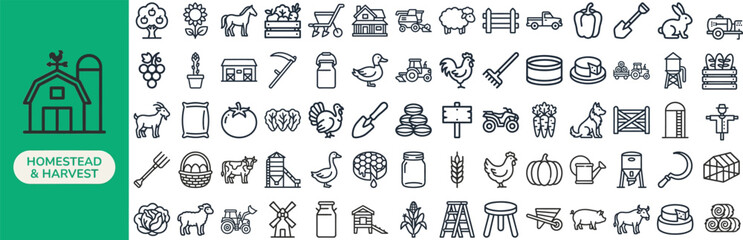 Homestead Harvest and Farm Life outline icon set. Featuring chicken coop, garden bed, basket, jar, and pitchfork symbols. Editable stroke vector icons for homestead blogs and farm sites. © Pixel_Forge