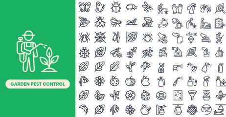 Garden Pest Control outline icon set. Featuring aphid, slug, beetle, spray bottle, and trap symbols. Editable stroke vector icons for gardening apps and pest service sites. © Pixel_Forge