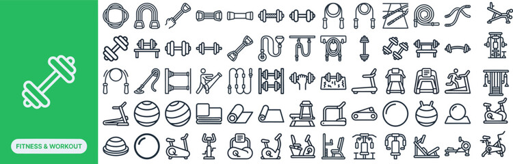 Obraz premium Fitness Workout and Gym Equipment outline icon set. Featuring dumbbell, barbell, kettlebell, treadmill, and yoga mat symbols. Editable stroke vector icons for gym apps and trainer sites.