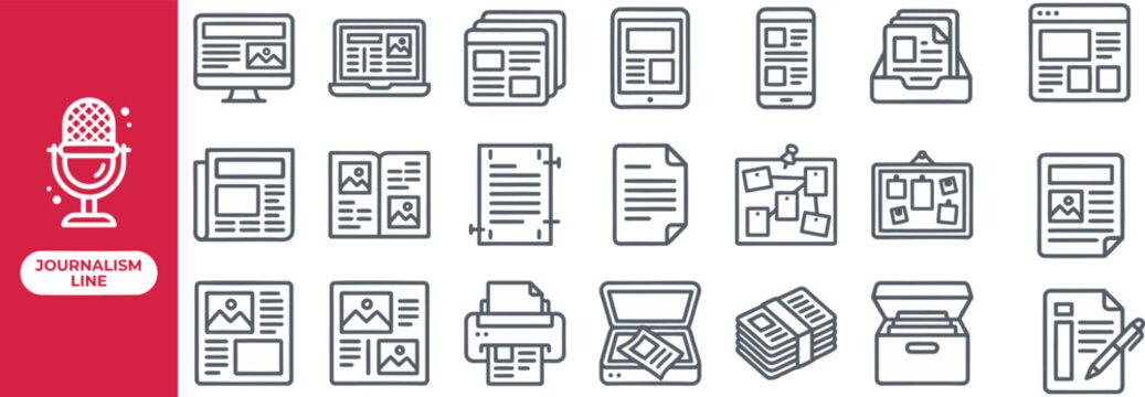 Journalism and Newsroom outline icon set. Featuring reporter, microphone, news article, camera, and notepad symbols. Editable stroke vector icons for news sites and media apps.