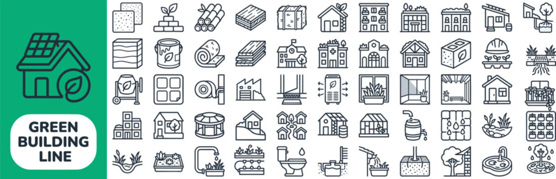 Green Building and Eco Home outline icon set. Featuring solar roof, rain barrel, insulation, smart meter, and bamboo wall symbols. Editable stroke vector icons for eco builders and green homes.