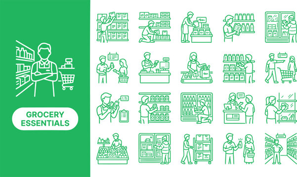 Grocery Clerk and Market Vendor flat icon set. Featuring cashier, stocker, produce vendor, butcher, and bagger symbols. Editable stroke vector icons for supermarket teams and retail apps.