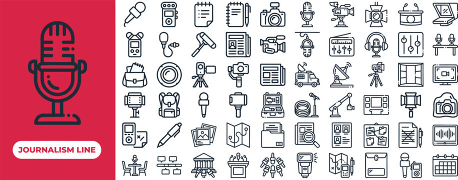 Print Journalism and Vintage News outline icon set. Featuring typewriter, news bundle, press camera, microphone, and inkwell symbols. Editable stroke vector icons for press archives and media.