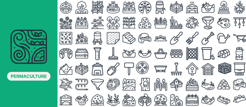 Permaculture and Regenerative Garden outline icon set. Featuring compost bin, food forest, swale, cover crop, and bee hive symbols. Editable stroke vector icons for permaculture and eco farms.