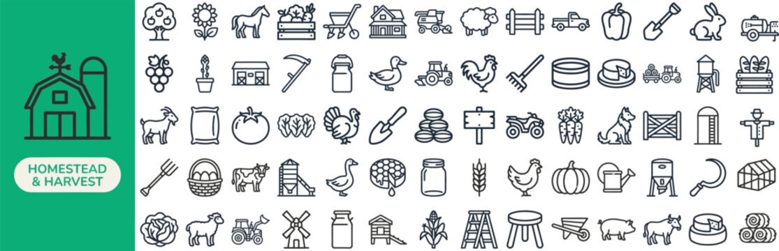 Homestead Harvest and Farm Life outline icon set. Featuring chicken coop, garden bed, basket, jar, and pitchfork symbols. Editable stroke vector icons for homestead blogs and farm sites.