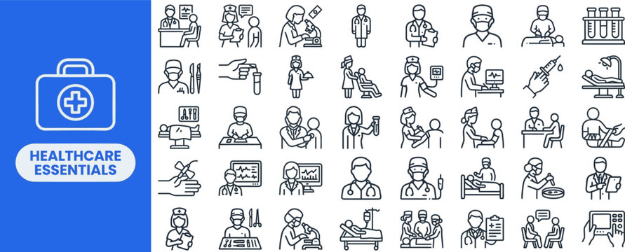 Doctors and Nurses Medical Staff outline icon set. Featuring physician, nurse, surgeon, paramedic, and lab tech symbols. Editable stroke vector icons for clinic sites and health apps.