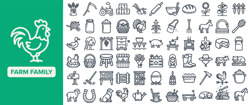 Family Farm and Rural Homestead outline icon set. Featuring rooster, barn, tractor, hay bale, and milk can symbols. Editable stroke vector icons for farm blogs and agritourism sites.