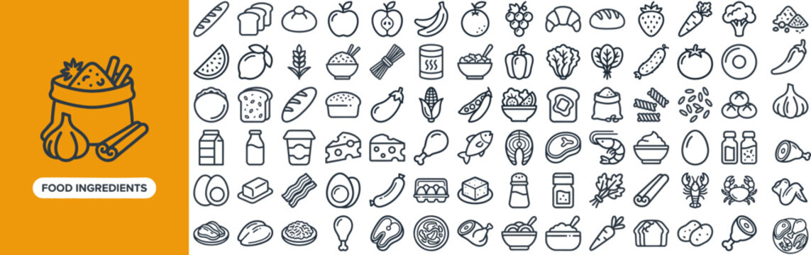 Food Ingredient and Grocery Item outline icon set. Featuring tomato, onion, flour bag, herb sprig, and egg symbols. Editable stroke vector icons for recipe sites and meal kit apps.