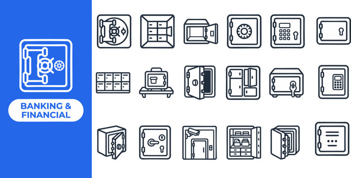 Bank Vault and Safe Deposit outline icon set. Featuring vault door, safe box, deposit locker, gold bar, and keypad symbols. Editable stroke vector icons for bank security and finance apps.