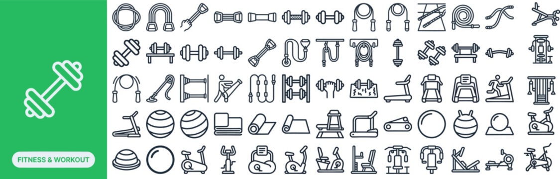 Fitness Workout and Gym Equipment outline icon set. Featuring dumbbell, barbell, kettlebell, treadmill, and yoga mat symbols. Editable stroke vector icons for gym apps and trainer sites.