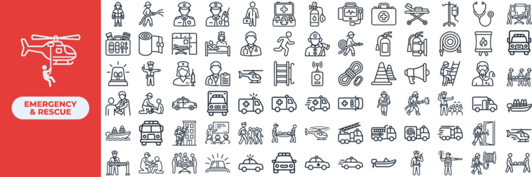 Emergency Rescue and First Aid outline icon set. Featuring ambulance, firefighter, helicopter, paramedic, and rescue rope symbols. Editable stroke vector icons for emergency apps and rescue ops.