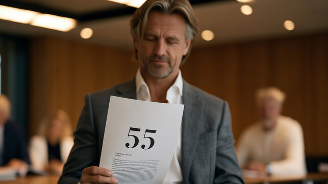 Bold stat number printed large in a minimalist report layout showing percentage growth, finance director holding the printed page under warm boardroom overhead lighting as stakeholders annotate thei