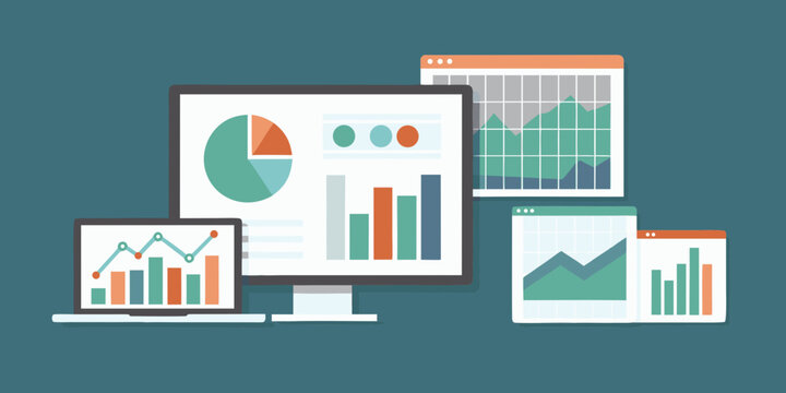 data analysis dashboard with charts and graphs flat vector illustration
