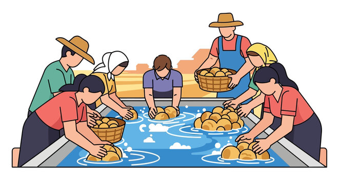 Group of farmers washing freshly harvested potatoes in a large water basin.