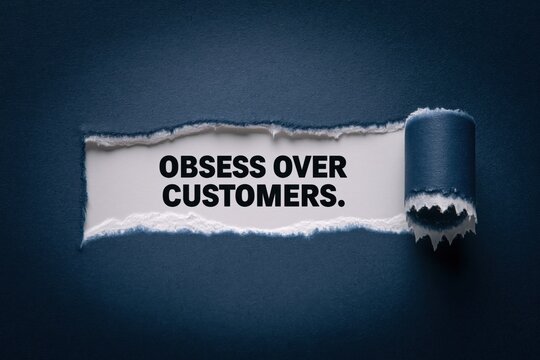 Obsess Over Customers business philosophy under torn paper