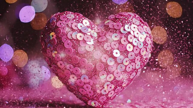 Sparkling pink heart with sequins and bokeh background for romantic visuals