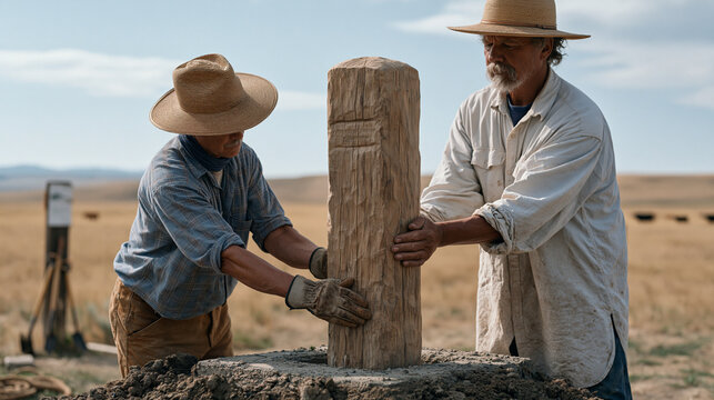 Conservation easement signage installation at working ranch entrance, land trust representative and rancher lifting carved wooden marker post into concrete footing, rolling pasture and cattle visibl