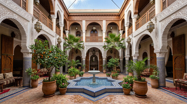 Luxurious traditional Moroccan riad courtyard interior with zellige fountain and brass lanterns