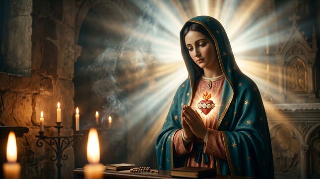 Virgin Mary praying in a dark church illuminated by holy light. Catholic religious scene with immaculate heart. Devotion, grace, and spiritual worship symbols for Christian holiday.