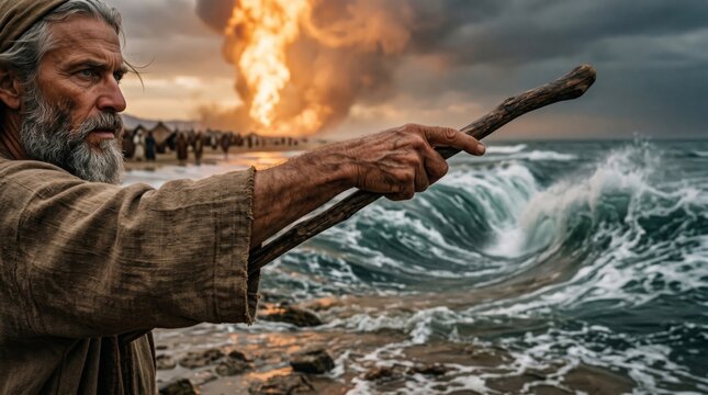 Prophet Moses parting the Red Sea with a wooden staff. Biblical scene of a man leading people to safety through water. Miraculous religious event representing faith and ancient history.