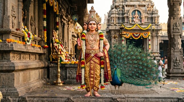 Lord Murugan standing in a Hindu temple with a peacock beside him. Divine deity with multiple heads and golden ornaments. Traditional religious worship, spirituality and Indian culture.