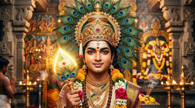 Murugan deity with peacock feather crown holding vel spear inside ornate Hindu temple. Traditional Indian mythology and religious character representation for spiritual celebration.